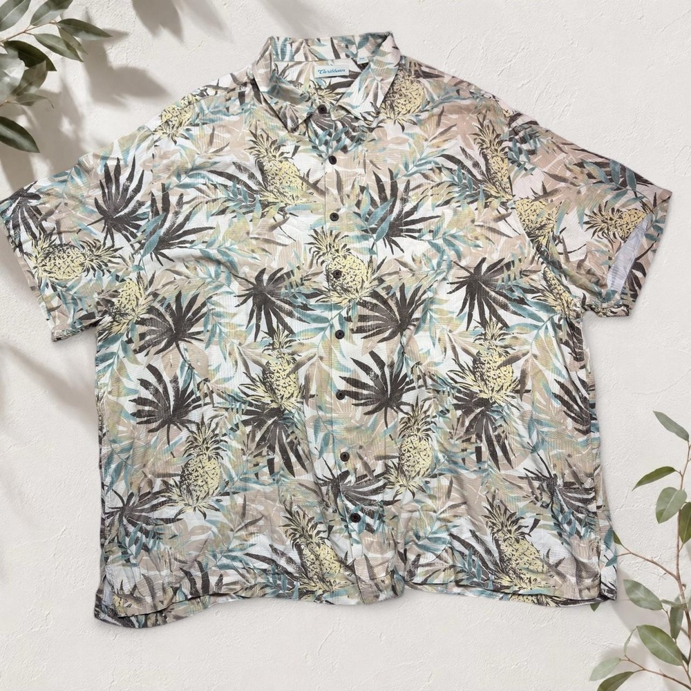 Caribbean Mens 4XB Pineapple Hawaiian Shirt Tropical Rayon Camp Button Up Cream